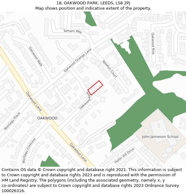 18, OAKWOOD PARK, LEEDS, LS8 2PJ: Location map and indicative extent of plot