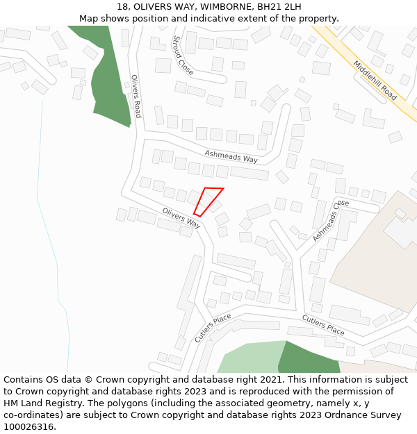 18, OLIVERS WAY, WIMBORNE, BH21 2LH: Location map and indicative extent of plot