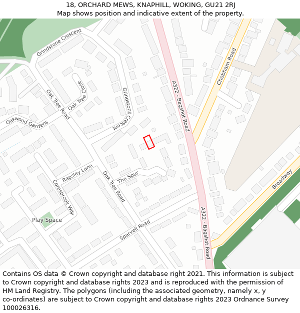 18, ORCHARD MEWS, KNAPHILL, WOKING, GU21 2RJ: Location map and indicative extent of plot