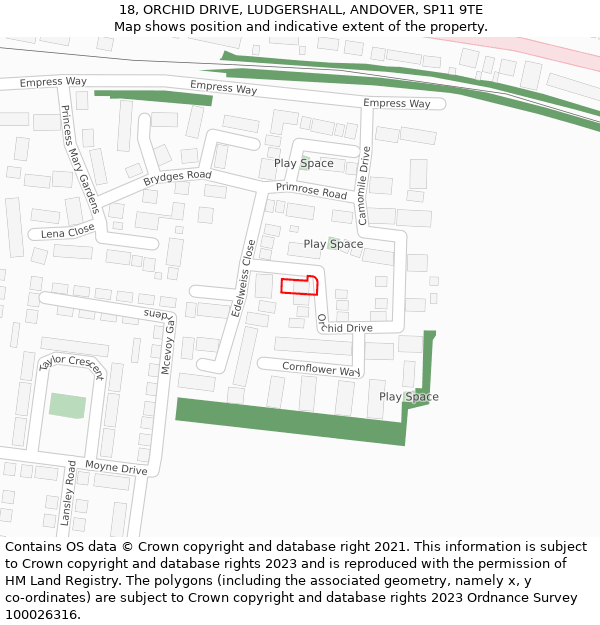 18, ORCHID DRIVE, LUDGERSHALL, ANDOVER, SP11 9TE: Location map and indicative extent of plot