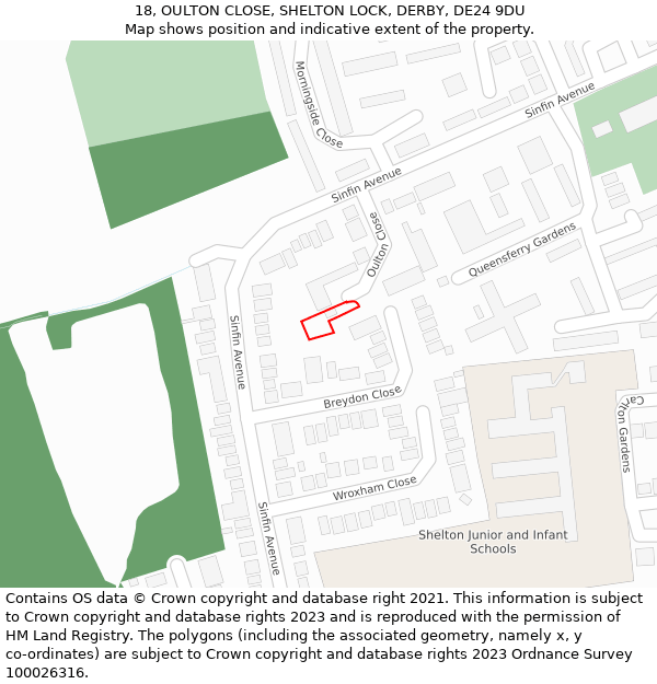 18, OULTON CLOSE, SHELTON LOCK, DERBY, DE24 9DU: Location map and indicative extent of plot