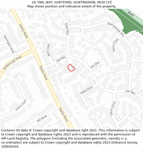 18, OWL WAY, HARTFORD, HUNTINGDON, PE29 1YZ: Location map and indicative extent of plot