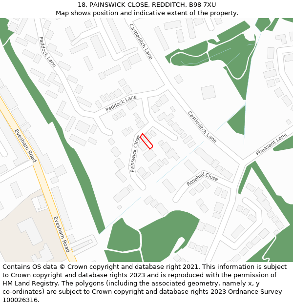 18, PAINSWICK CLOSE, REDDITCH, B98 7XU: Location map and indicative extent of plot