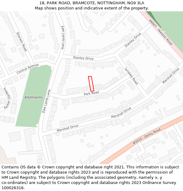 18, PARK ROAD, BRAMCOTE, NOTTINGHAM, NG9 3LA: Location map and indicative extent of plot