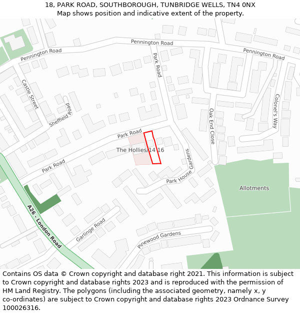 18, PARK ROAD, SOUTHBOROUGH, TUNBRIDGE WELLS, TN4 0NX: Location map and indicative extent of plot
