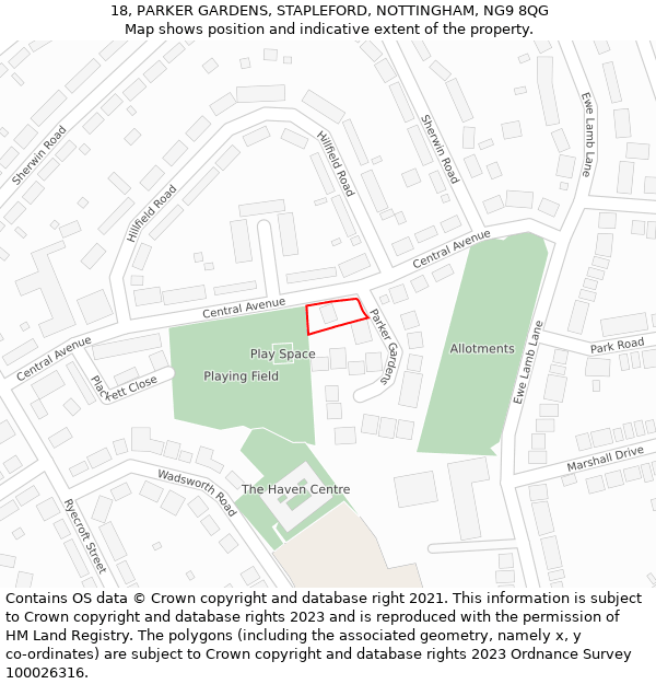 18, PARKER GARDENS, STAPLEFORD, NOTTINGHAM, NG9 8QG: Location map and indicative extent of plot