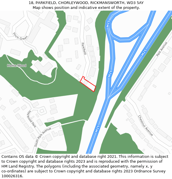 18, PARKFIELD, CHORLEYWOOD, RICKMANSWORTH, WD3 5AY: Location map and indicative extent of plot