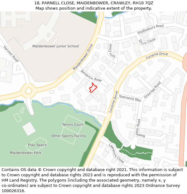 18, PARNELL CLOSE, MAIDENBOWER, CRAWLEY, RH10 7QZ: Location map and indicative extent of plot