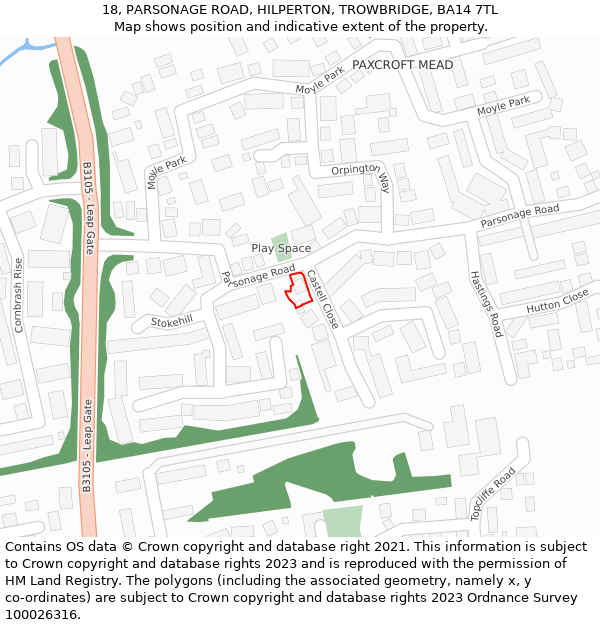 18, PARSONAGE ROAD, HILPERTON, TROWBRIDGE, BA14 7TL: Location map and indicative extent of plot