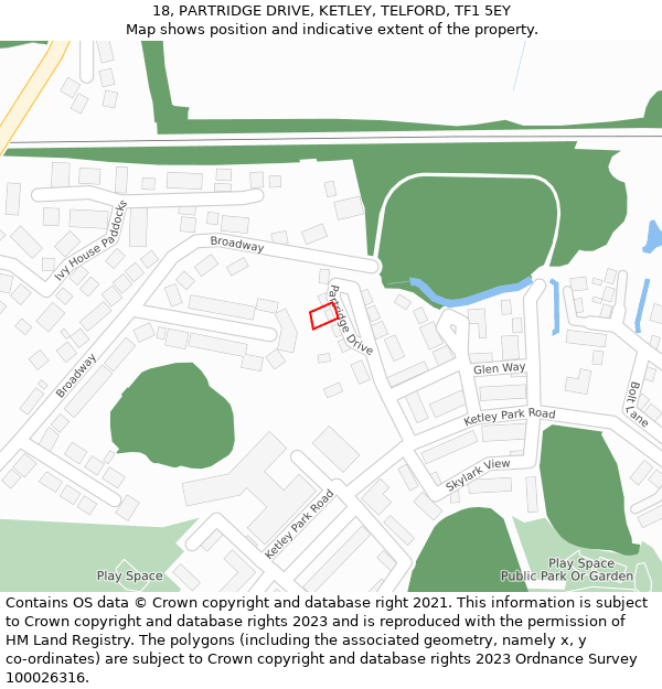 18, PARTRIDGE DRIVE, KETLEY, TELFORD, TF1 5EY: Location map and indicative extent of plot