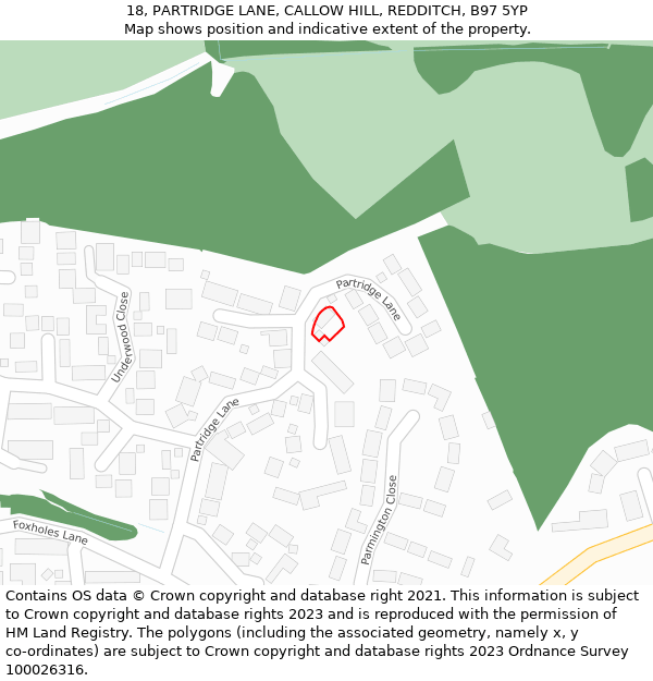 18, PARTRIDGE LANE, CALLOW HILL, REDDITCH, B97 5YP: Location map and indicative extent of plot