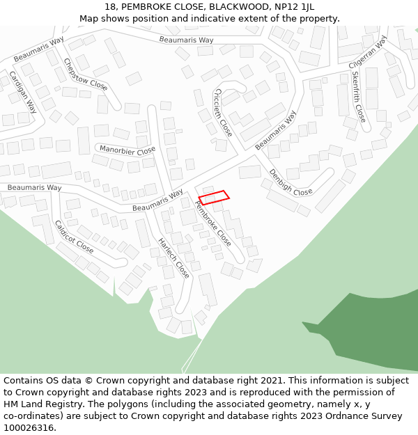 18, PEMBROKE CLOSE, BLACKWOOD, NP12 1JL: Location map and indicative extent of plot