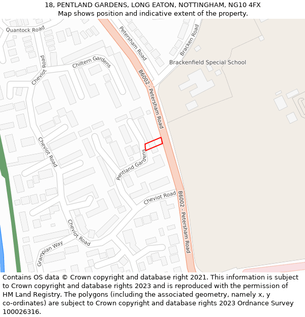 18, PENTLAND GARDENS, LONG EATON, NOTTINGHAM, NG10 4FX: Location map and indicative extent of plot