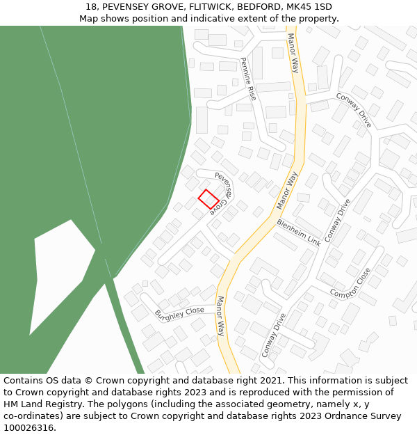 18, PEVENSEY GROVE, FLITWICK, BEDFORD, MK45 1SD: Location map and indicative extent of plot