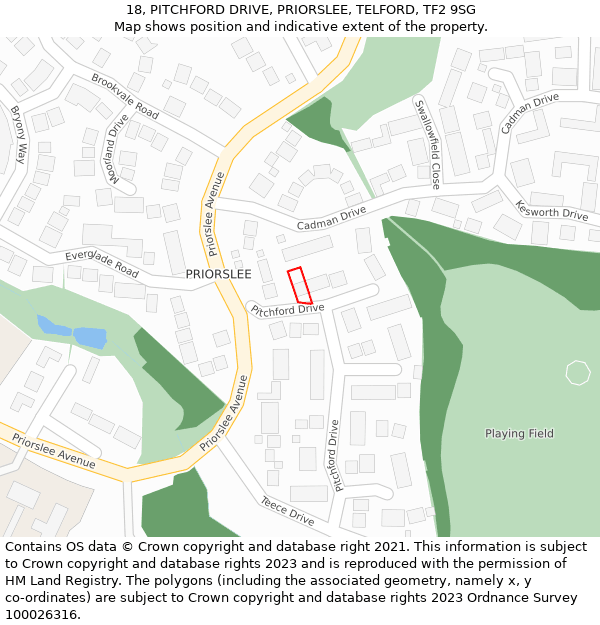 18, PITCHFORD DRIVE, PRIORSLEE, TELFORD, TF2 9SG: Location map and indicative extent of plot