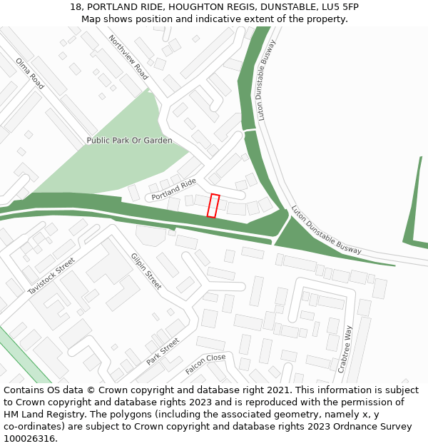 18, PORTLAND RIDE, HOUGHTON REGIS, DUNSTABLE, LU5 5FP: Location map and indicative extent of plot