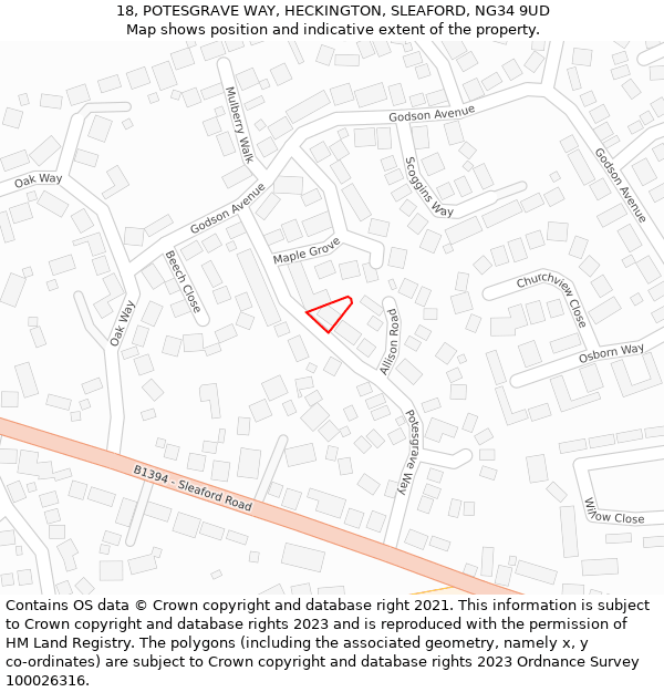 18, POTESGRAVE WAY, HECKINGTON, SLEAFORD, NG34 9UD: Location map and indicative extent of plot