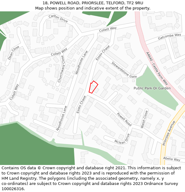 18, POWELL ROAD, PRIORSLEE, TELFORD, TF2 9RU: Location map and indicative extent of plot
