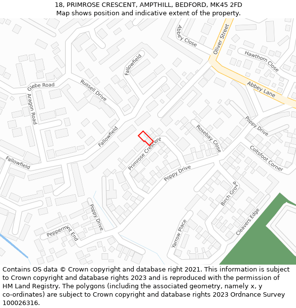 18, PRIMROSE CRESCENT, AMPTHILL, BEDFORD, MK45 2FD: Location map and indicative extent of plot