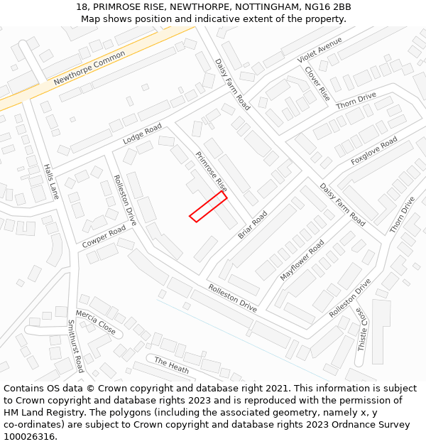 18, PRIMROSE RISE, NEWTHORPE, NOTTINGHAM, NG16 2BB: Location map and indicative extent of plot