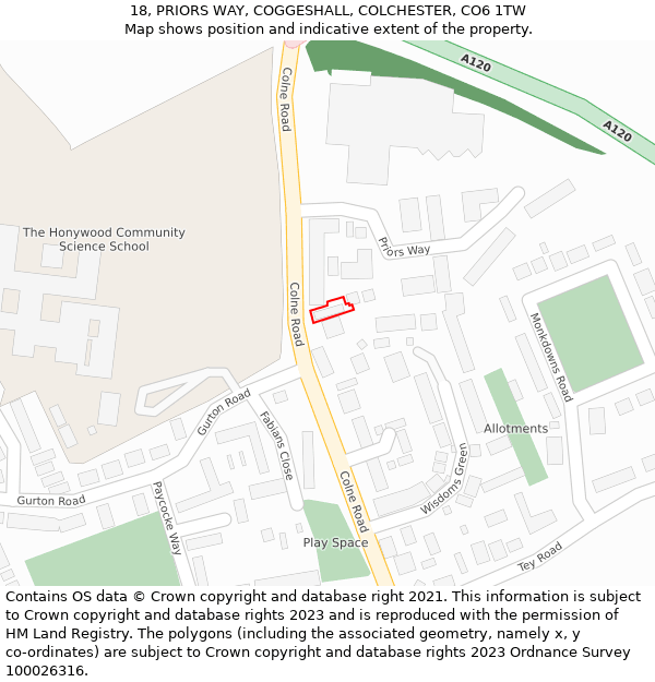 18, PRIORS WAY, COGGESHALL, COLCHESTER, CO6 1TW: Location map and indicative extent of plot