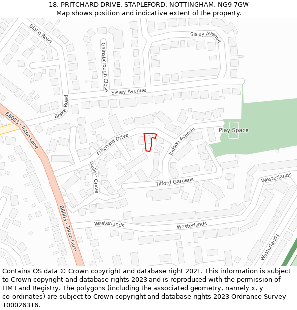 18, PRITCHARD DRIVE, STAPLEFORD, NOTTINGHAM, NG9 7GW: Location map and indicative extent of plot