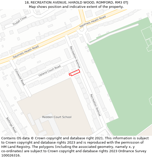 18, RECREATION AVENUE, HAROLD WOOD, ROMFORD, RM3 0TJ: Location map and indicative extent of plot