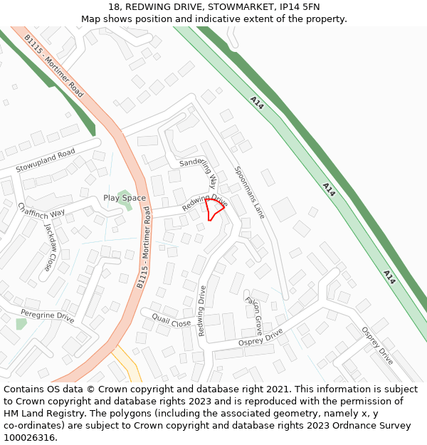 18, REDWING DRIVE, STOWMARKET, IP14 5FN: Location map and indicative extent of plot