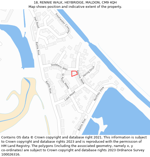 18, RENNIE WALK, HEYBRIDGE, MALDON, CM9 4QH: Location map and indicative extent of plot