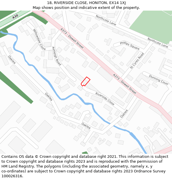 18, RIVERSIDE CLOSE, HONITON, EX14 1XJ: Location map and indicative extent of plot