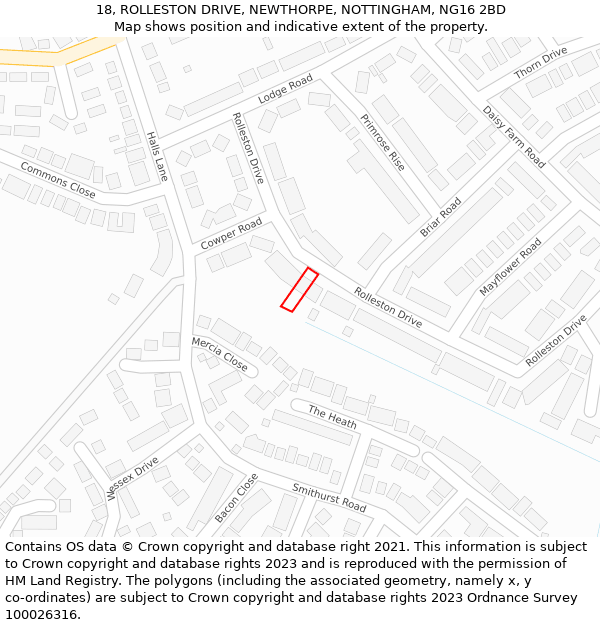 18, ROLLESTON DRIVE, NEWTHORPE, NOTTINGHAM, NG16 2BD: Location map and indicative extent of plot