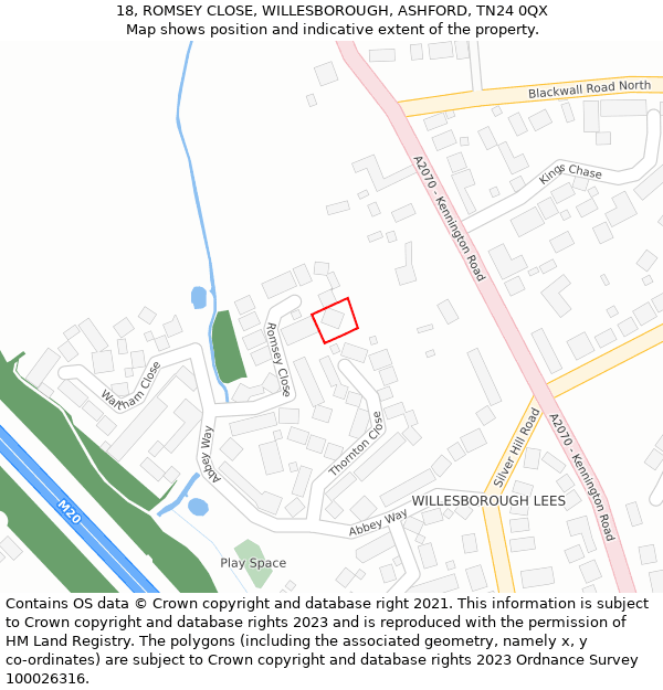 18, ROMSEY CLOSE, WILLESBOROUGH, ASHFORD, TN24 0QX: Location map and indicative extent of plot