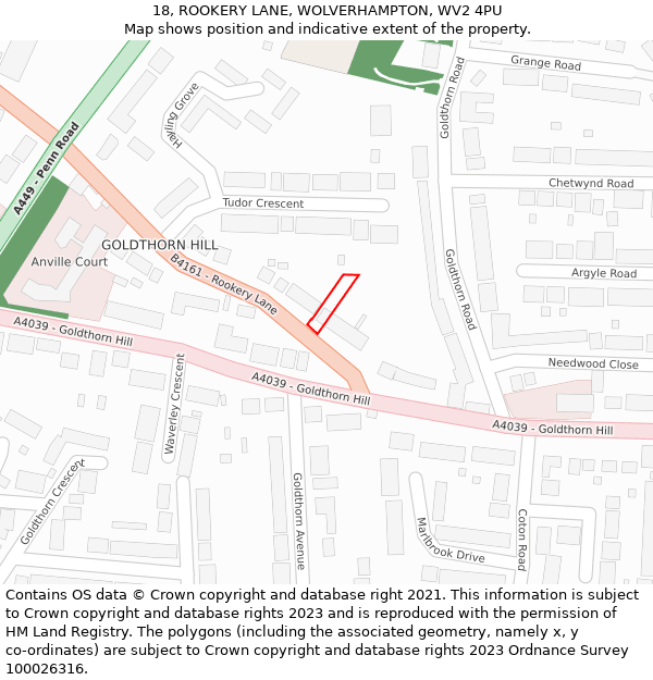 18, ROOKERY LANE, WOLVERHAMPTON, WV2 4PU: Location map and indicative extent of plot