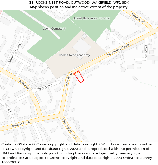 18, ROOKS NEST ROAD, OUTWOOD, WAKEFIELD, WF1 3DX: Location map and indicative extent of plot