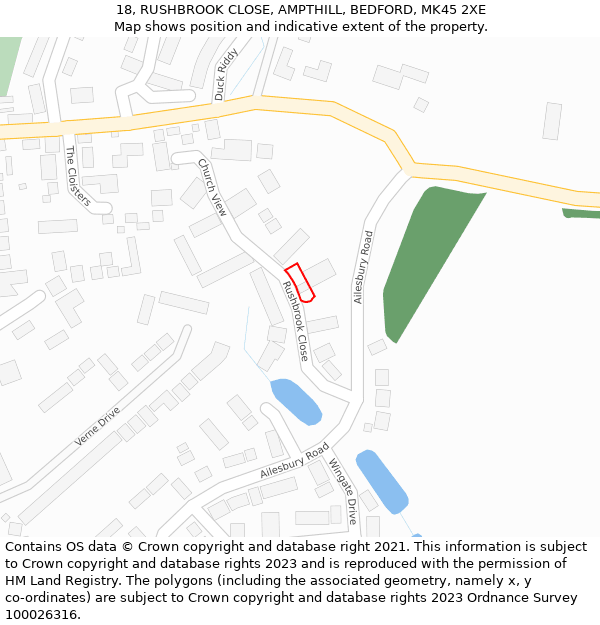 18, RUSHBROOK CLOSE, AMPTHILL, BEDFORD, MK45 2XE: Location map and indicative extent of plot