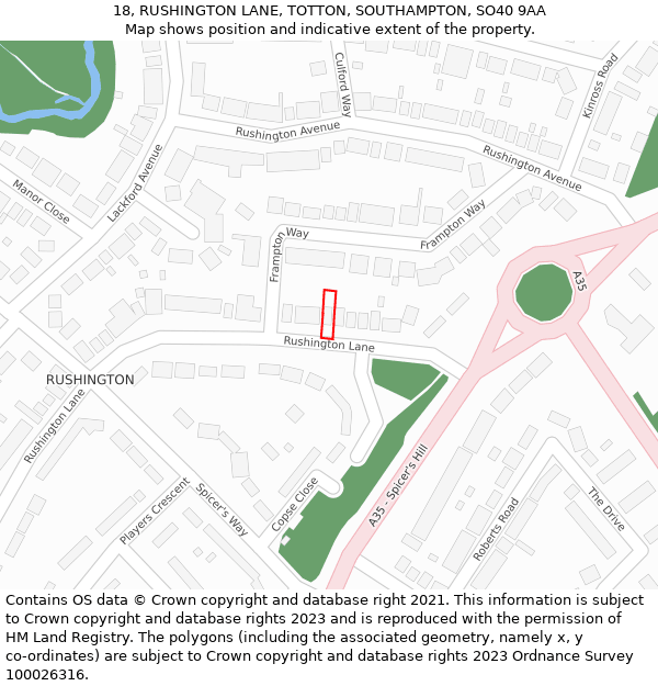 18, RUSHINGTON LANE, TOTTON, SOUTHAMPTON, SO40 9AA: Location map and indicative extent of plot