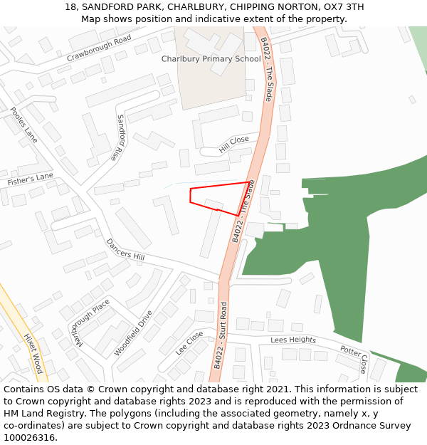 18, SANDFORD PARK, CHARLBURY, CHIPPING NORTON, OX7 3TH: Location map and indicative extent of plot