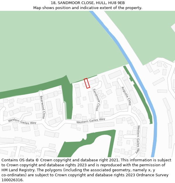 18, SANDMOOR CLOSE, HULL, HU8 9EB: Location map and indicative extent of plot