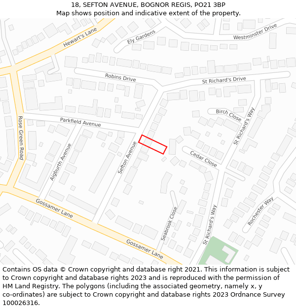 18, SEFTON AVENUE, BOGNOR REGIS, PO21 3BP: Location map and indicative extent of plot