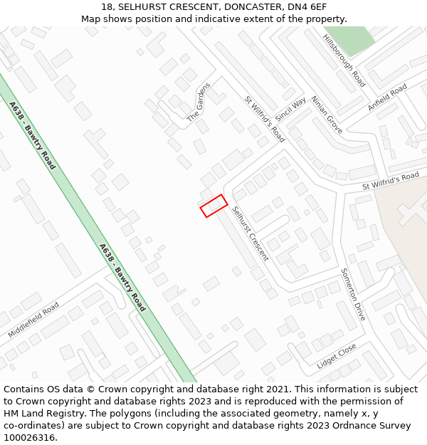 18, SELHURST CRESCENT, DONCASTER, DN4 6EF: Location map and indicative extent of plot