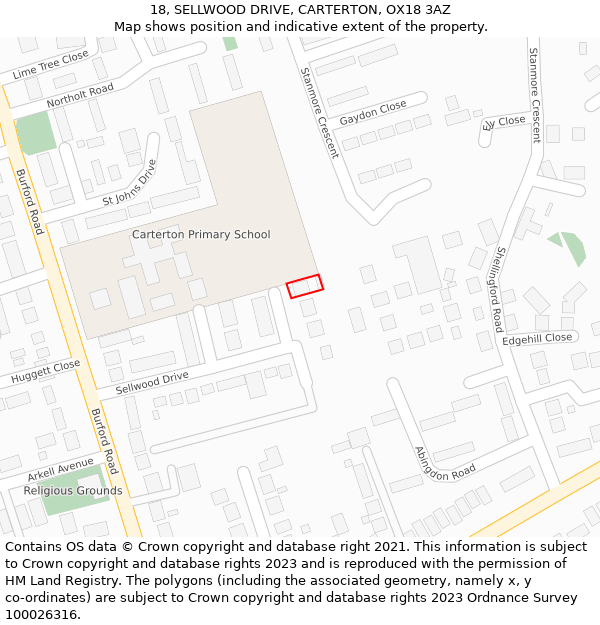 18, SELLWOOD DRIVE, CARTERTON, OX18 3AZ: Location map and indicative extent of plot