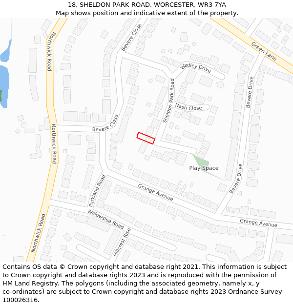 18, SHELDON PARK ROAD, WORCESTER, WR3 7YA: Location map and indicative extent of plot