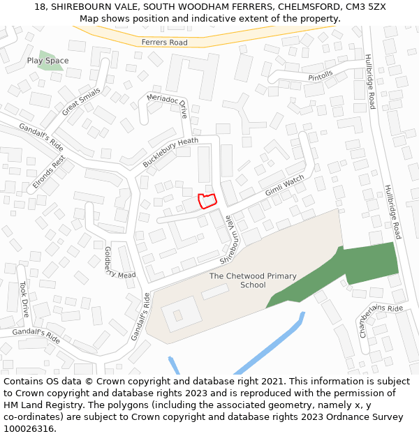 18, SHIREBOURN VALE, SOUTH WOODHAM FERRERS, CHELMSFORD, CM3 5ZX: Location map and indicative extent of plot