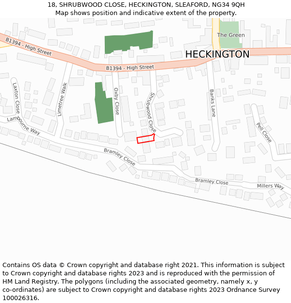 18, SHRUBWOOD CLOSE, HECKINGTON, SLEAFORD, NG34 9QH: Location map and indicative extent of plot