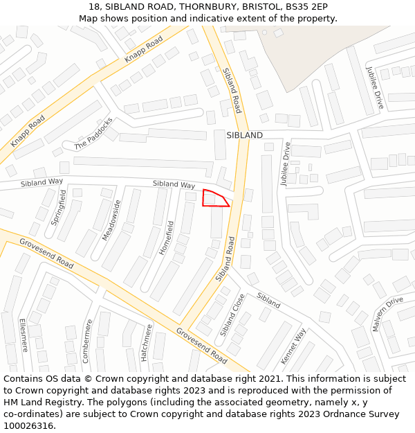 18, SIBLAND ROAD, THORNBURY, BRISTOL, BS35 2EP: Location map and indicative extent of plot