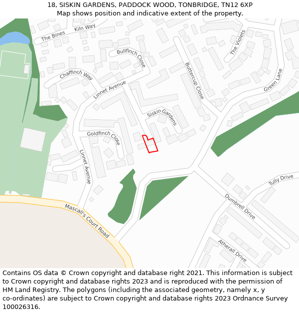 18, SISKIN GARDENS, PADDOCK WOOD, TONBRIDGE, TN12 6XP: Location map and indicative extent of plot
