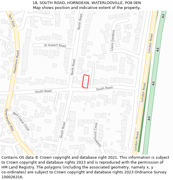 18, SOUTH ROAD, HORNDEAN, WATERLOOVILLE, PO8 0EN: Location map and indicative extent of plot