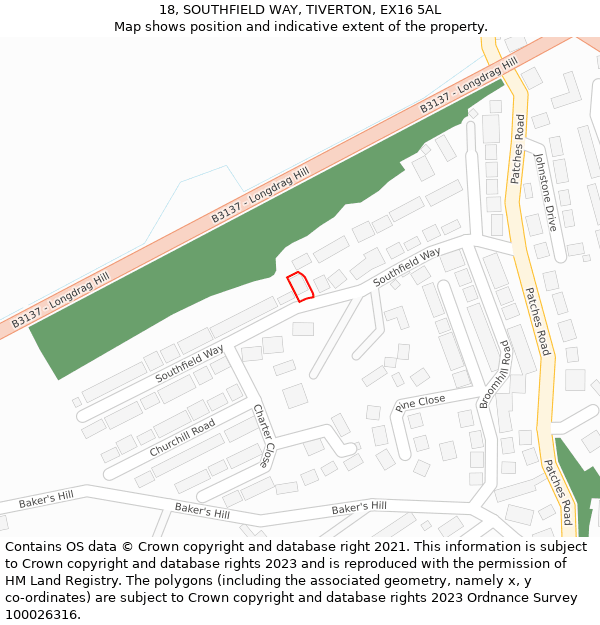 18, SOUTHFIELD WAY, TIVERTON, EX16 5AL: Location map and indicative extent of plot