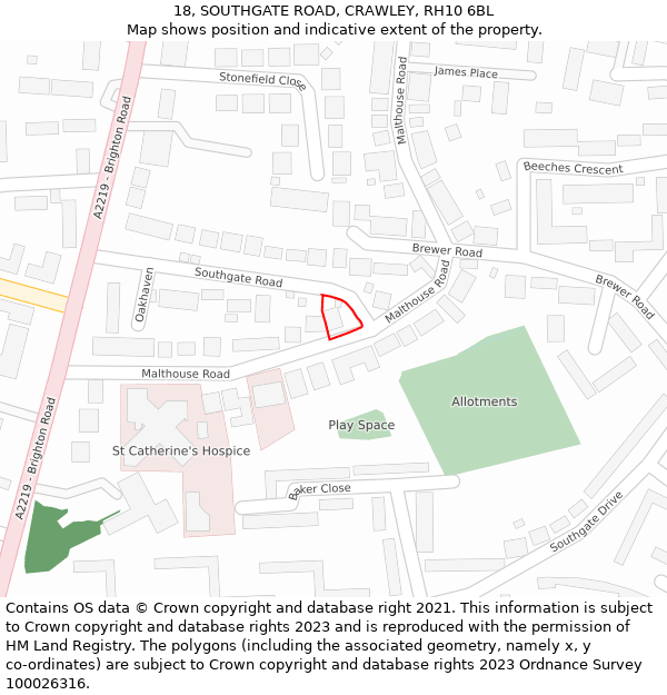 18, SOUTHGATE ROAD, CRAWLEY, RH10 6BL: Location map and indicative extent of plot