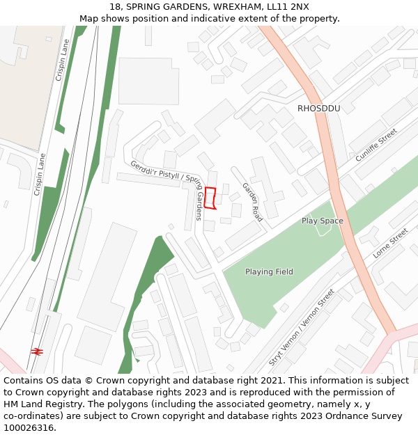 18, SPRING GARDENS, WREXHAM, LL11 2NX: Location map and indicative extent of plot